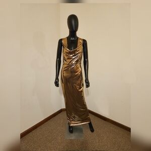 Gold Metallic Cowl Neck, Tie Backless Bodycon Evening Gown - L